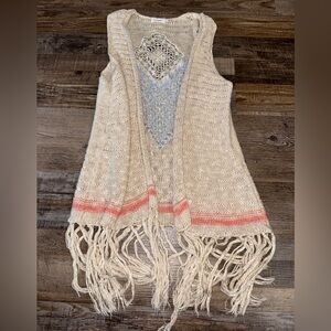 Blu Pepper Boho Crochet Fringe Vest Cardigan Cream Coral Stripe Medium